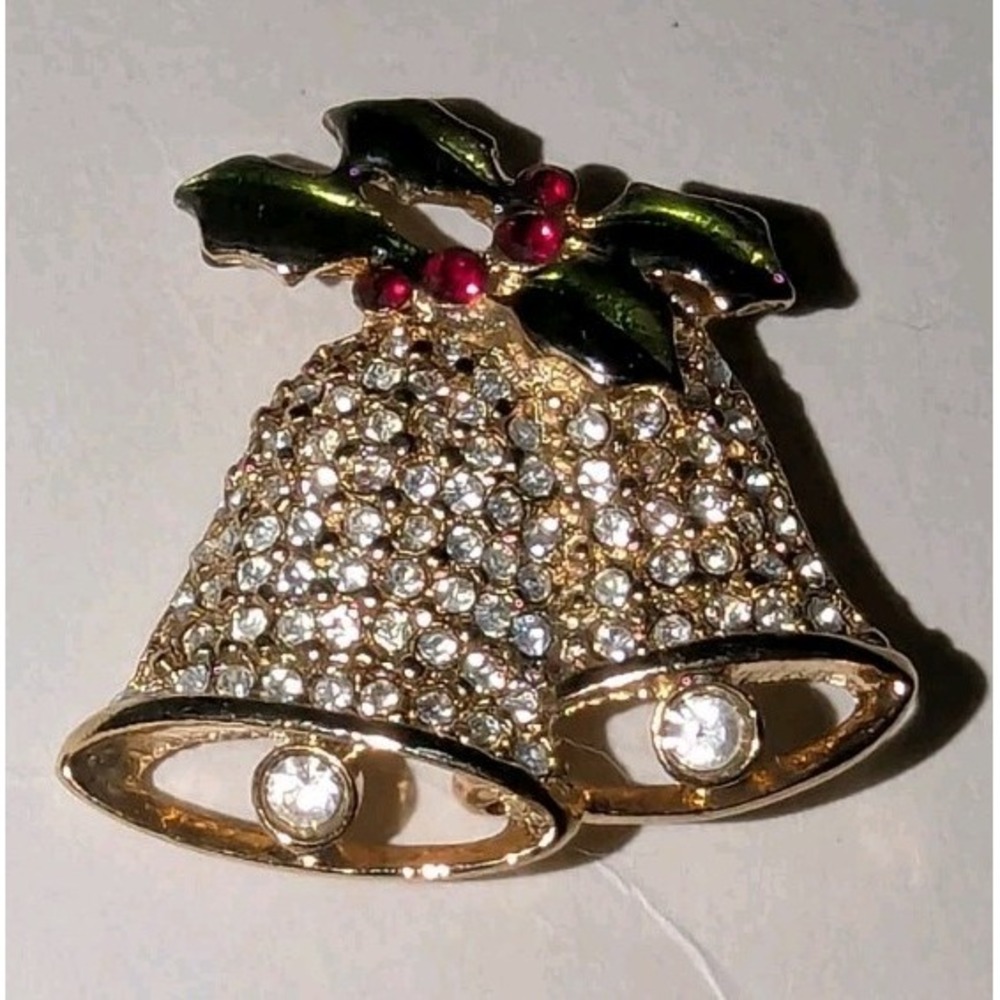 Christmas Bells Pin Brooch Monet Holly Berries Pave Stone Sparkling Vintage EUC